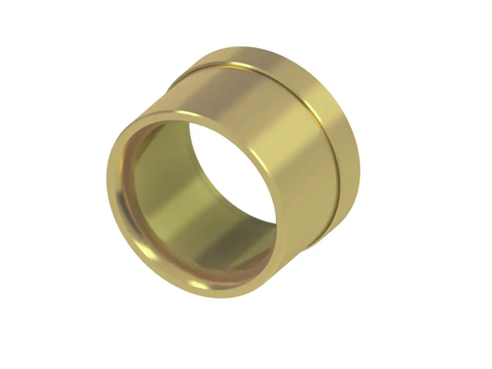 Goldfarbene Druckhülse aus Metall mit runder Öffnung, geeignet für Rohrverbindungen. Produkt von TECE, für den Einsatz in Sanitärinstallationen.